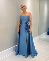 Fabulous Blue A-Line Mother of Bride Strapless Sleeveless Long Satin Dress With Handmade Flowers
